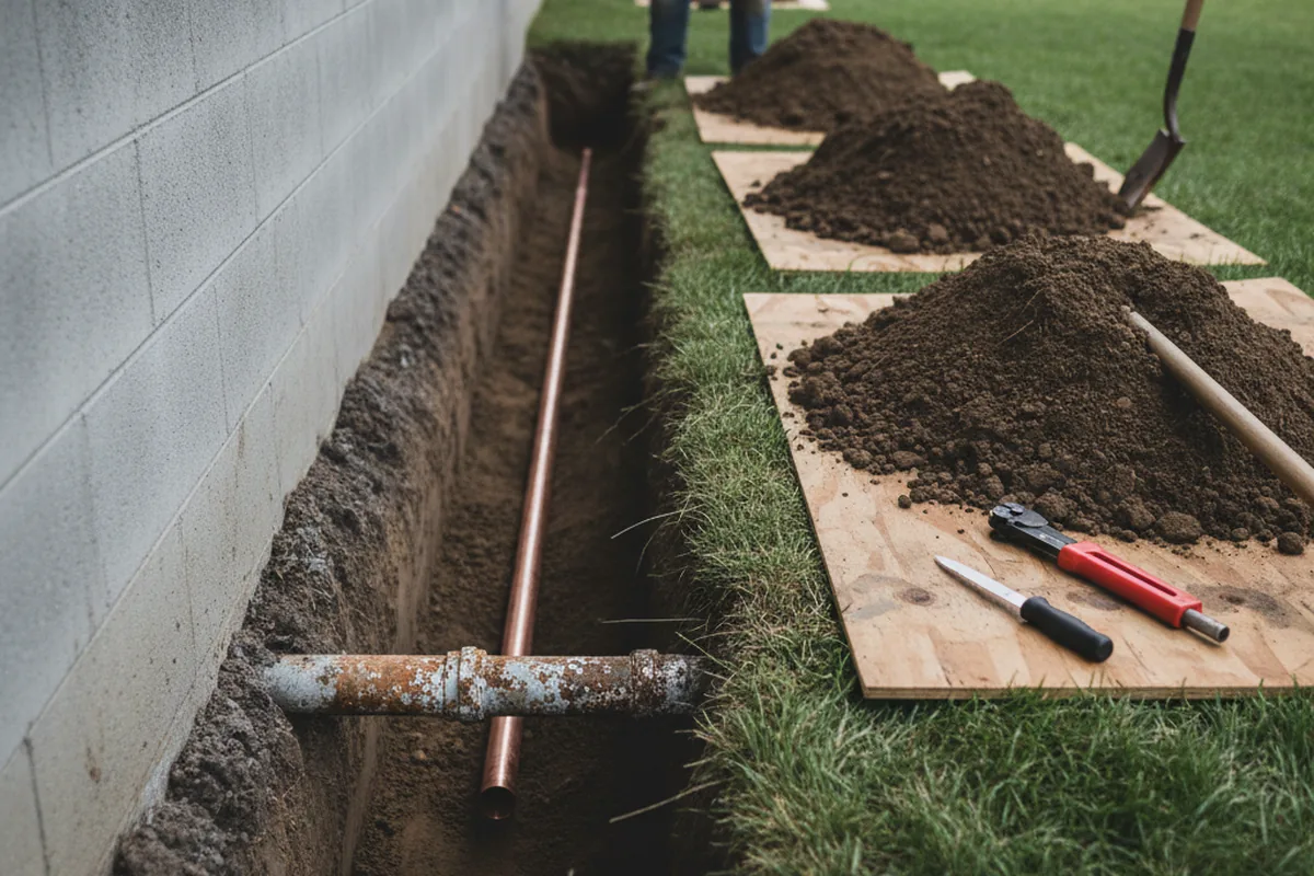 Excavated water line trench during Sewer Line Repair in Golden